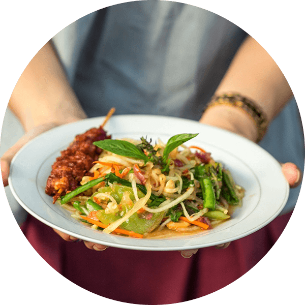 A person holding a plate of food on top of their hand.